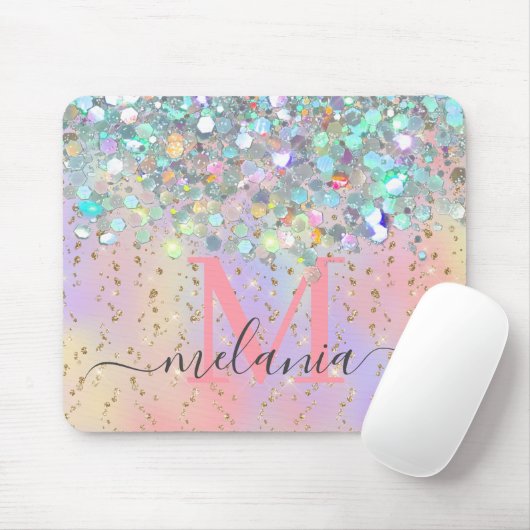Sparkly Holographic Roos Gold Glitter Monogram Muismat (Met muis)