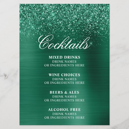 Sparkly Hunter Green Glitter Foil Cocktails Bar Menu (Voorkant)