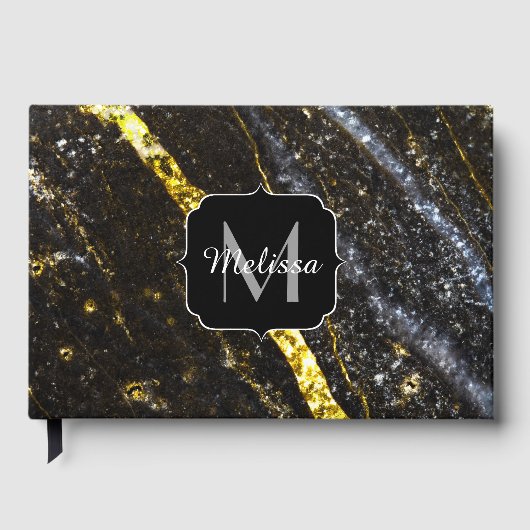 Sparkly lijn goud zwart chic abstract Monogram Gastenboek (Voorkant)
