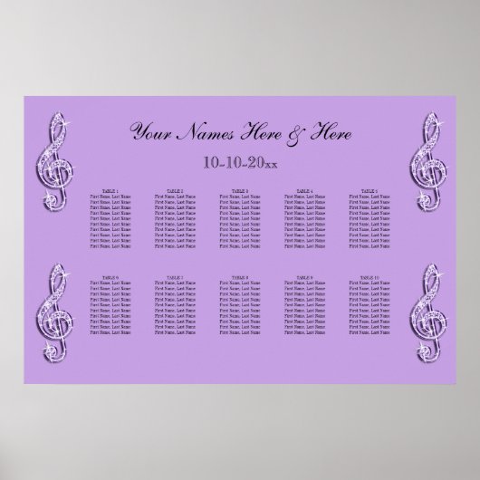 Sparkly Lila Treble Clefts Wedding Seding Chart Poster (Voorkant)