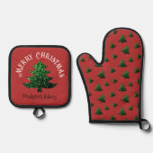 Sparkly Merry Christmas tree Aangepaste naam Ovenwant & Pannenlap Set (Voorkant)