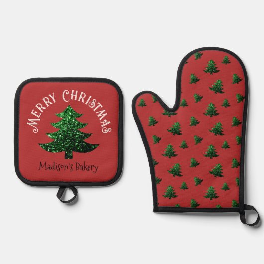 Sparkly Merry Christmas tree Aangepaste naam Ovenwant & Pannenlap Set (Voorkant)