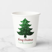 Sparkly Merry Christmas tree groen Familienaam Papieren Bekers (Voorkant)
