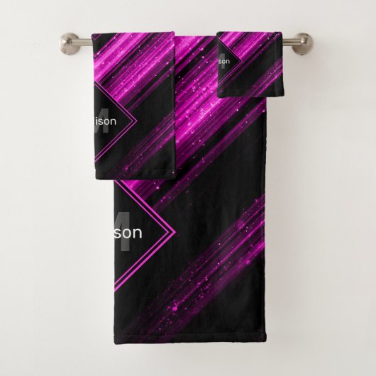 Sparkly metallic hot roze zwarte chevron Monogram Bad Handdoek (Insitu)