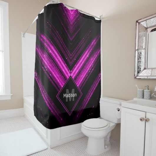 Sparkly metallic hot roze zwarte chevron Monogram Douchegordijn (In situ)