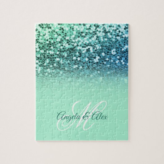 Sparkly Mint Blue Glitter Turquoise Ombre Monogram Legpuzzel (Verticaal)