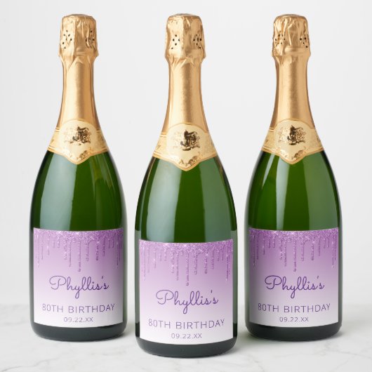Sparkly Paars Glitter Drip 70th Birthday Party Sparkling Wijnetiket (Flessen)