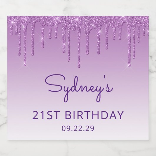 Sparkly Paarse Glitter Drip 21ste Verjaardagsfeest Sparkling Wijnetiket (Enkel label)