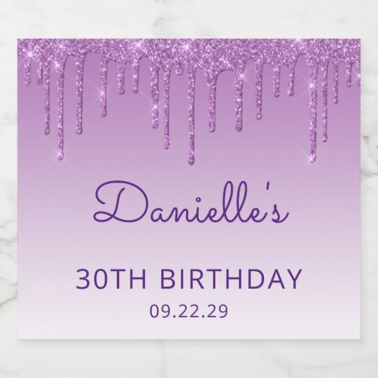 Sparkly Paarse Glitter Drip 30ste Verjaardagsfeest Sparkling Wijnetiket (Enkel label)