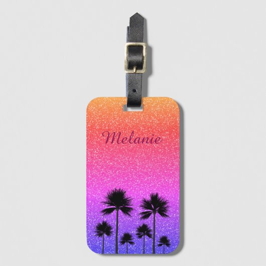 Sparkly Palm Treders Gradient Sunset Personalized Bagagelabel (Voorkant (verticaal))