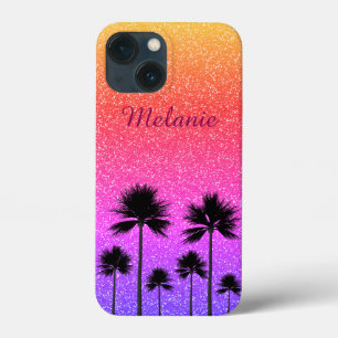 Sparkly Palm Treders Gradient Sunset Personalized iPhone 13 Mini Hoesje