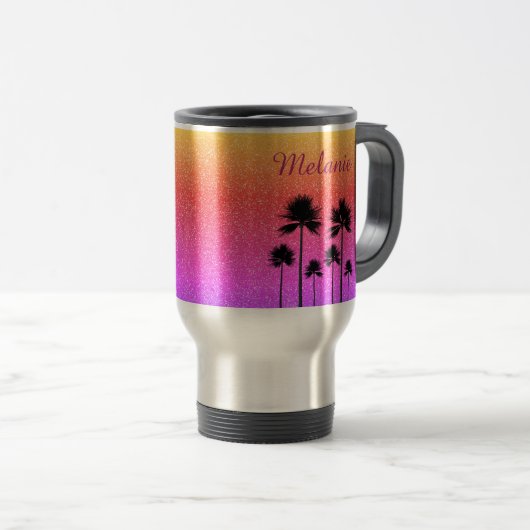 Sparkly Palm Trees Gradient Sunset Personalised Reisbeker (Voorkant rechts)