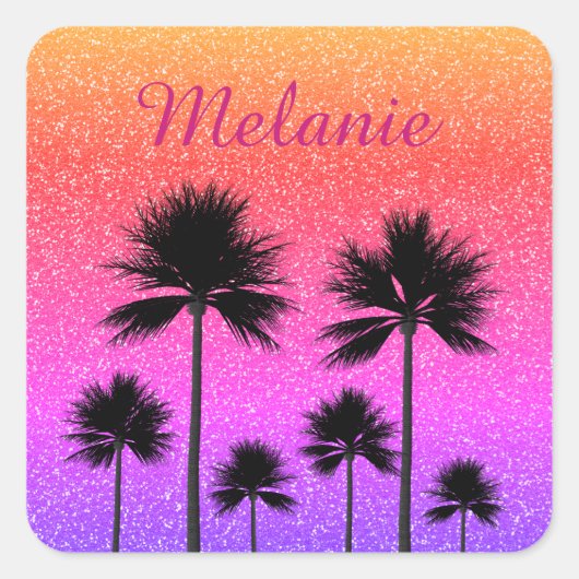 Sparkly Palm Trees Gradient Sunset Personalised Vierkante Sticker (Voorkant)
