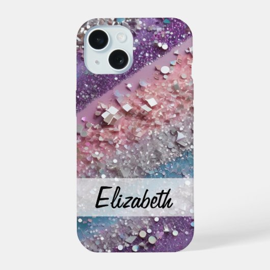 Sparkly Pastel Paarse, Blauwe, Roze & Zilveren Gli iPhone 15 Hoesje (Achterkant)