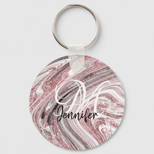 Sparkly Pink Marble Roos Gold Glitter Monogram Sleutelhanger (Voorkant)