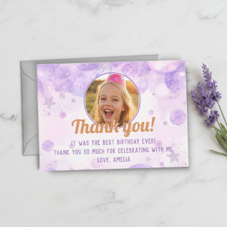 Sparkly Purple Photo Girls Birthday Party Bedankkaart
