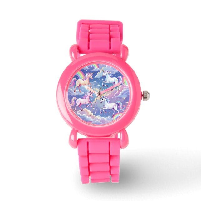 Sparkly rainbow and unicorns on clouds horloge (Voorkant)