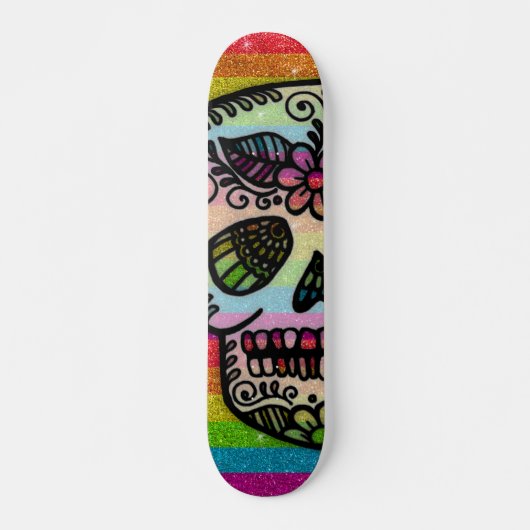 Sparkly Rainbow Glitter Sugar Skull Tattoo Design Skateboard (Voorkant)