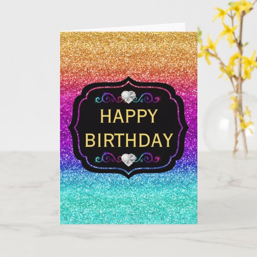 Sparkly Rainbow Gradient Glitter Birthday Kaart (Gele Bloem)