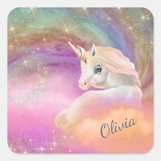 Sparkly Rainbow Universe Unicorn Vierkante Sticker (Voorkant)