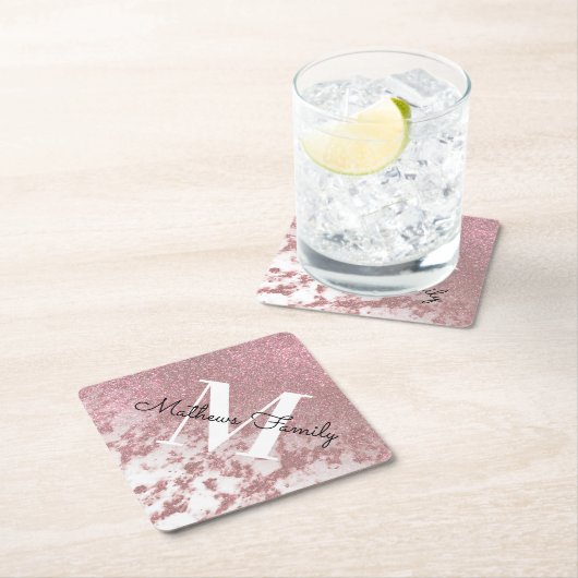 Sparkly Roos Gold Glitter Marble Ombre Monogram Kartonnen Onderzetters (Insitu)