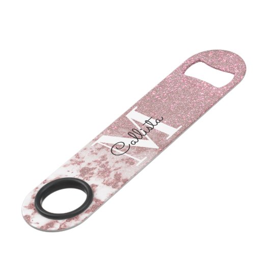 Sparkly Roos Gold Glitter Marble Ombre Monogram Speed Flessenopener (Voorkant Gekanteld)