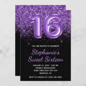 Sparkly Royal Paarse Glitter Zwart Nummer 16 Kaart (Voorkant / Achterkant)