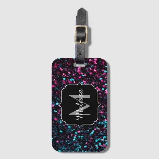 Sparkly roze blauwe mozaïekglitter spark Monogram Bagagelabel (Voorkant (verticaal))