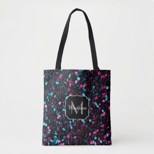 Sparkly roze blauwe mozaïekglitter spark Monogram Draagtas (Voorkant)