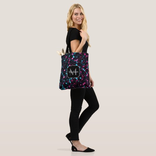 Sparkly roze blauwe mozaïekglitter spark Monogram Draagtas (Op model)