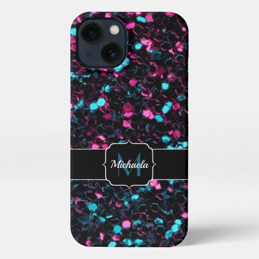 Sparkly roze blauwe mozaïekglitter spark Monogram iPhone Hoesje (Achterkant)
