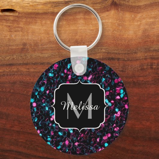 Sparkly roze blauwe mozaïekglitter spark Monogram Sleutelhanger (Achterkant)