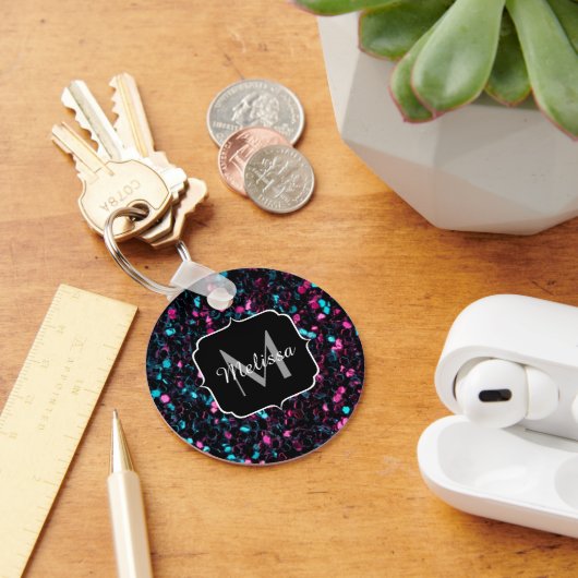 Sparkly roze blauwe mozaïekglitter spark Monogram Sleutelhanger (Bureau)