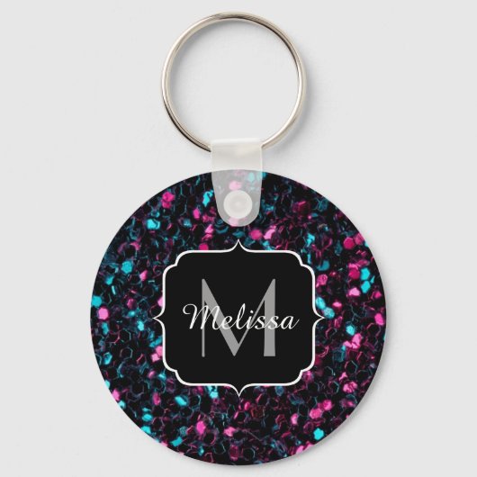 Sparkly roze blauwe mozaïekglitter spark Monogram Sleutelhanger (Achterkant)