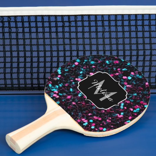 Sparkly roze blauwe mozaïekglitter spark Monogram Tafeltennisbatje (Insitu)
