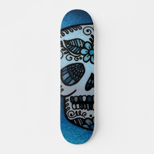 Sparkly Sapphire Glitter Sugar Skull Tattoo Design Skateboard (Voorkant)