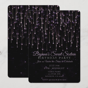 Sparkly Shooting Stars Paars Sweet 16 Party Invit Kaart