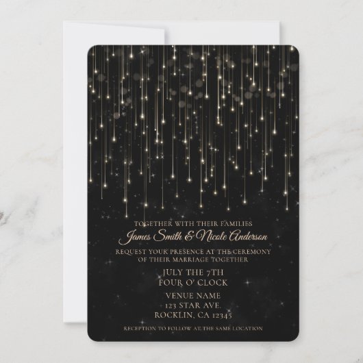 Sparkly Shooting Stars Zwart Chic Modern Huwelijk Kaart (Voorkant)