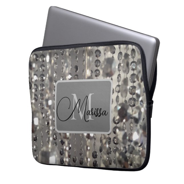 Sparkly Silver Beads Monogram Laptop Sleeve (Voorkant Links)