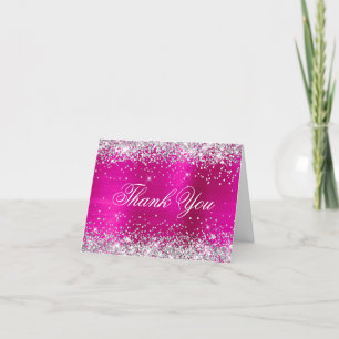 Sparkly Silver Faux Glitter Hot Pink Folie Bedankkaart