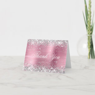 Sparkly Silver Faux Glitter  Roze Folie Bedankkaart