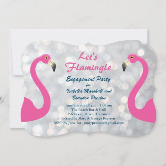 Sparkly Silver Flamingo Engagement Party nodigt ui Kaart (Voorkant)