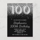 Sparkly Silver Glitter Black 100e verjaardag Uitnodiging Briefkaart (Voorkant)