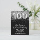 Sparkly Silver Glitter Black 100e verjaardag Uitnodiging Briefkaart (Staand voorkant)