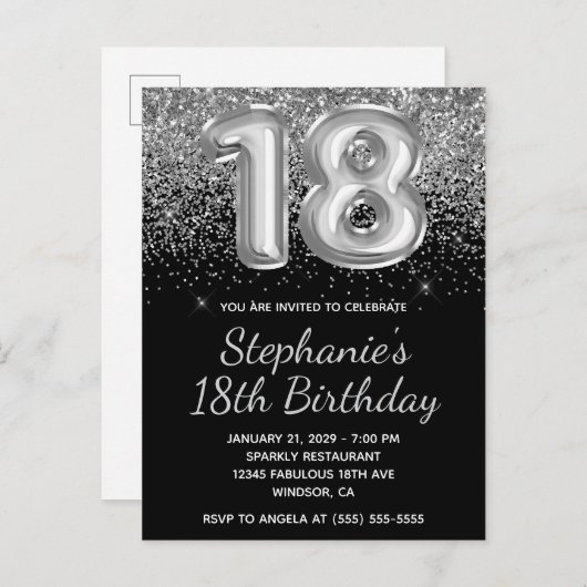 Sparkly Silver Glitter Black Balloon 18e verjaarda Uitnodiging Briefkaart (Voorkant / Achterkant)