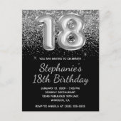 Sparkly Silver Glitter Black Balloon 18e verjaarda Uitnodiging Briefkaart (Voorkant)