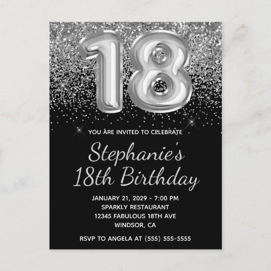 Sparkly Silver Glitter Black Balloon 18e verjaarda Uitnodiging Briefkaart (Voorkant)