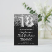 Sparkly Silver Glitter Black Balloon 18e verjaarda Uitnodiging Briefkaart (Staand voorkant)