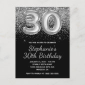 Sparkly Silver Glitter Black Balloon 30e verjaarda Uitnodiging Briefkaart (Voorkant)