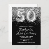 Sparkly Silver Glitter Black Balloon 50e verjaarda Uitnodiging Briefkaart (Voorkant / Achterkant)